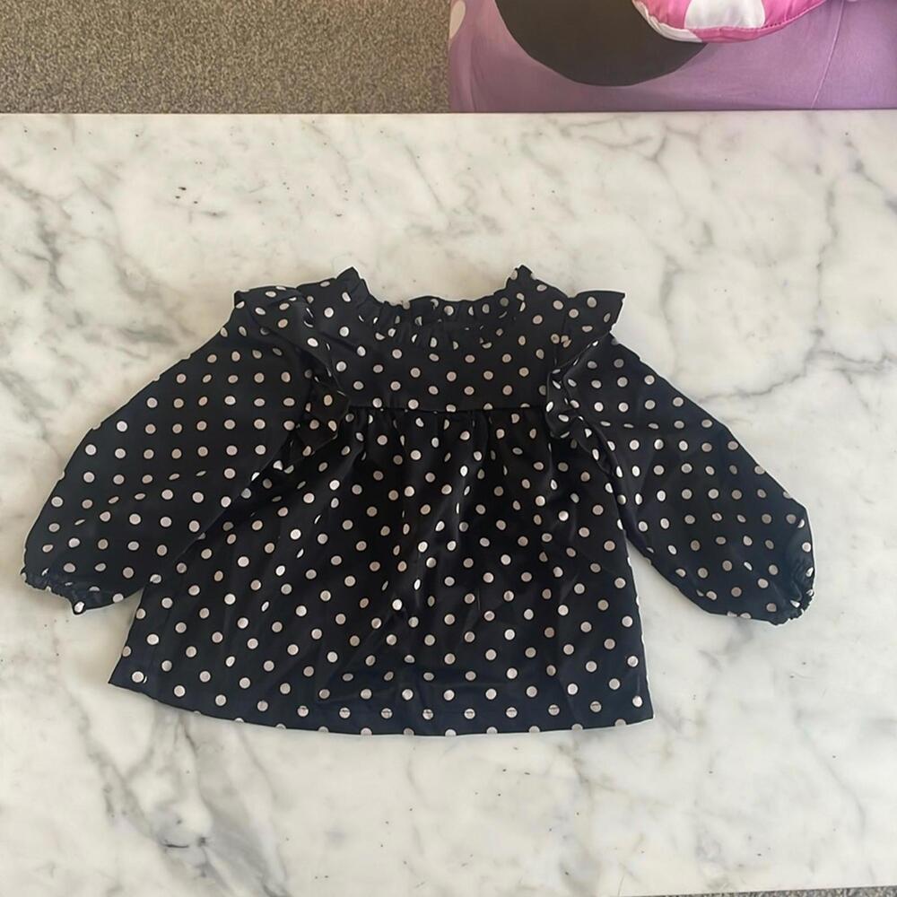 Black Polka Dot Long Sleeve Blouse with Ruffles